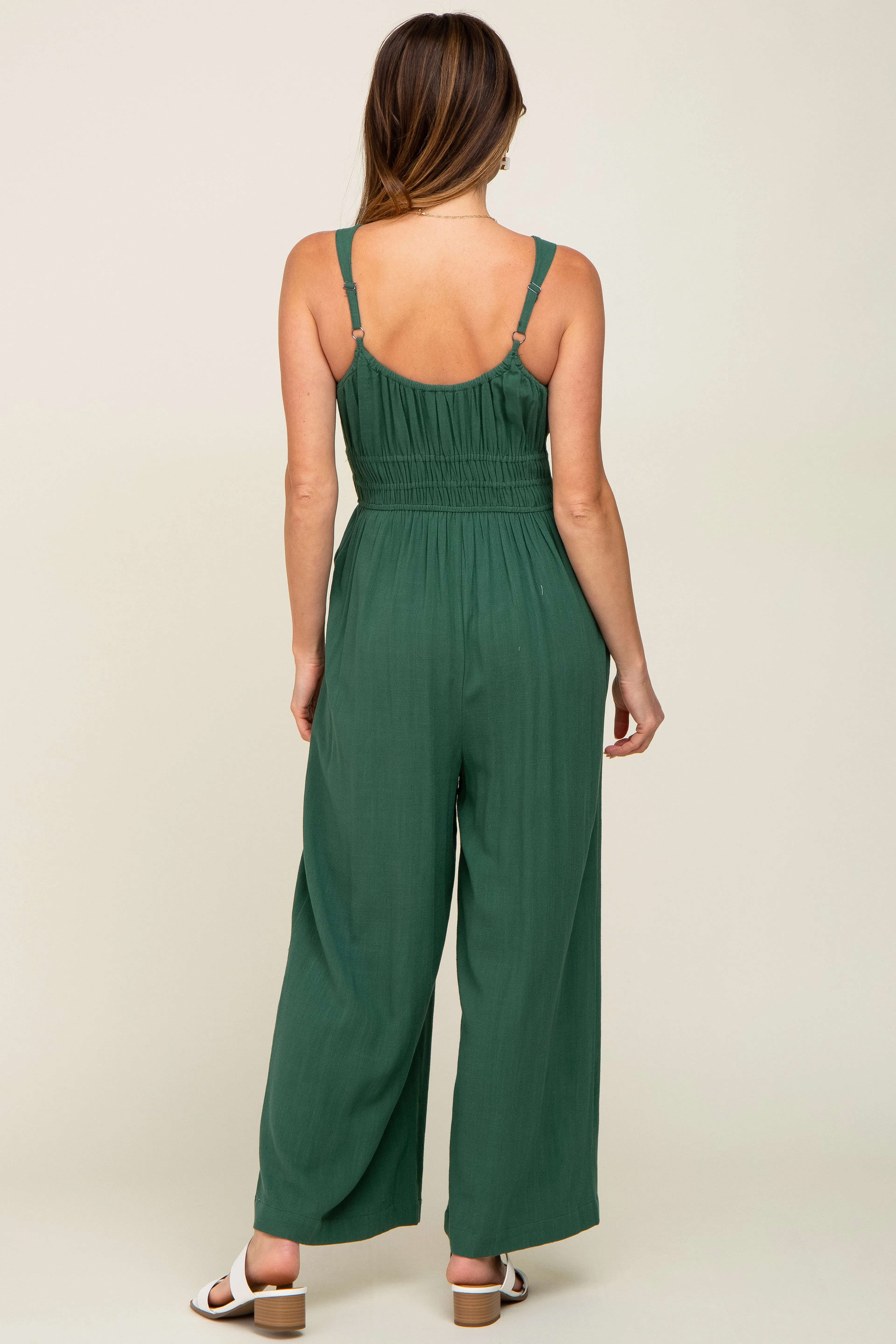 Green Smocked Square Neck Sleeveless Linen Jumpsuit sold by Pinkblush product image thumbnail 3