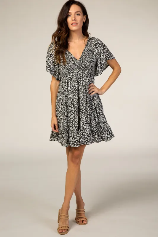 Black Floral Smocked Ruffle Dress sold by Pinkblush