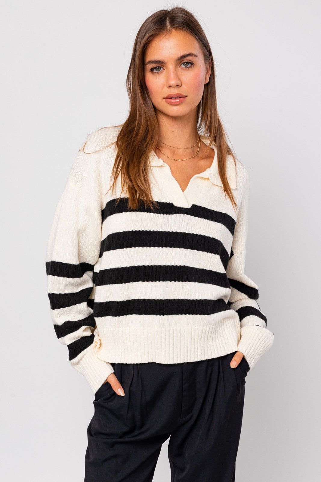 White Black Stripe Collared Sweater Top sold by Pinkblush