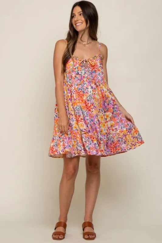 Coral Multi-Color Floral Sleeveless Maternity Mini Dress sold by Pinkblush