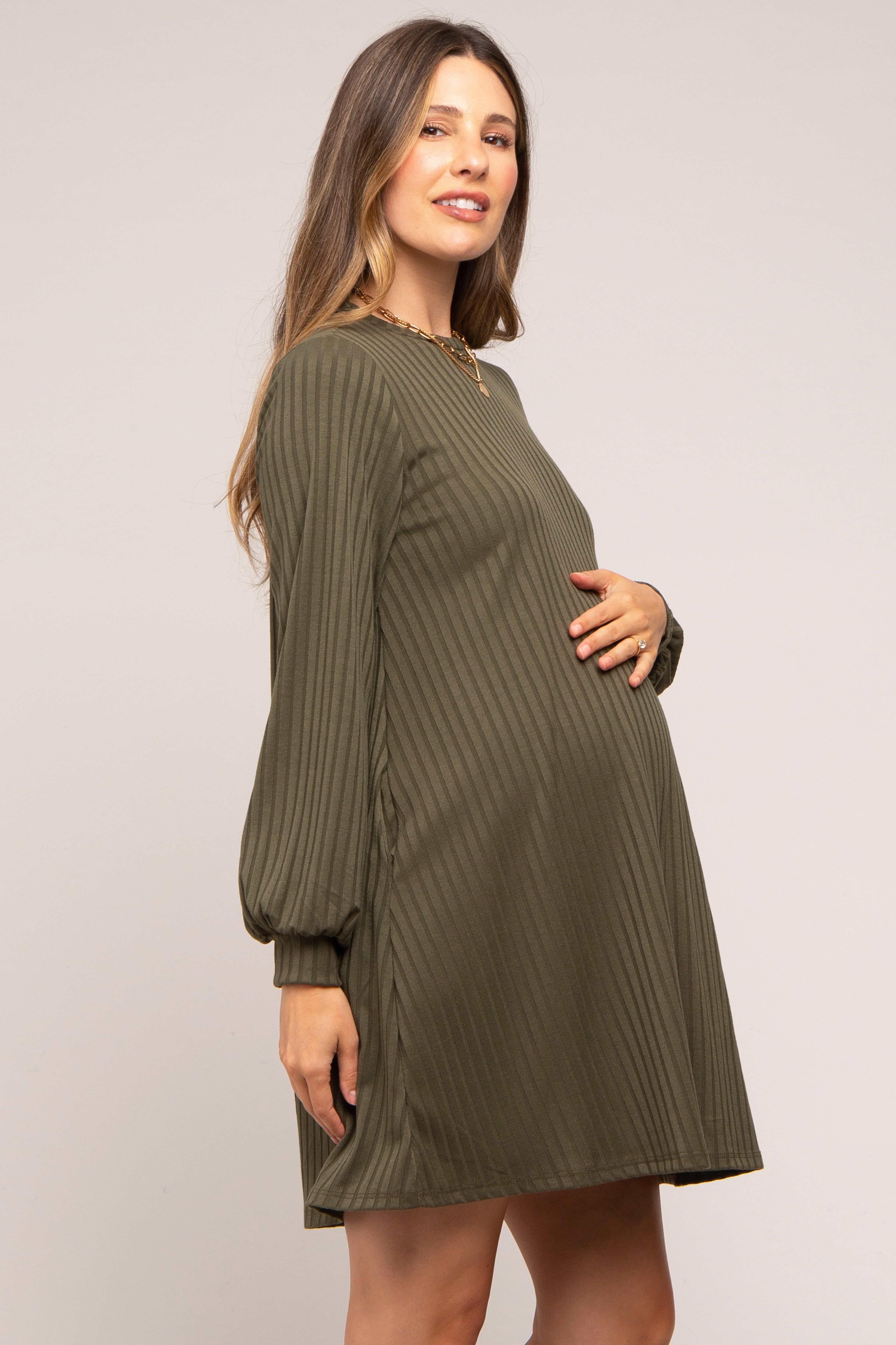 Olive Ribbed Mock Neck Long Sleeve Maternity Dress sold by Pinkblush product image thumbnail 2