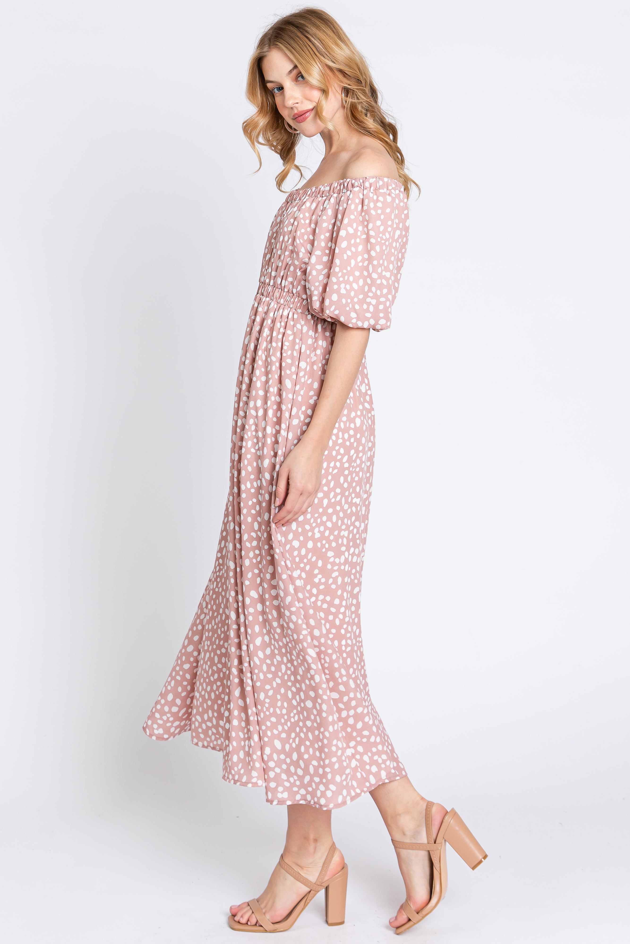 Mauve Printed Puff Short Sleeve Midi Dress sold by Pinkblush product image thumbnail 2