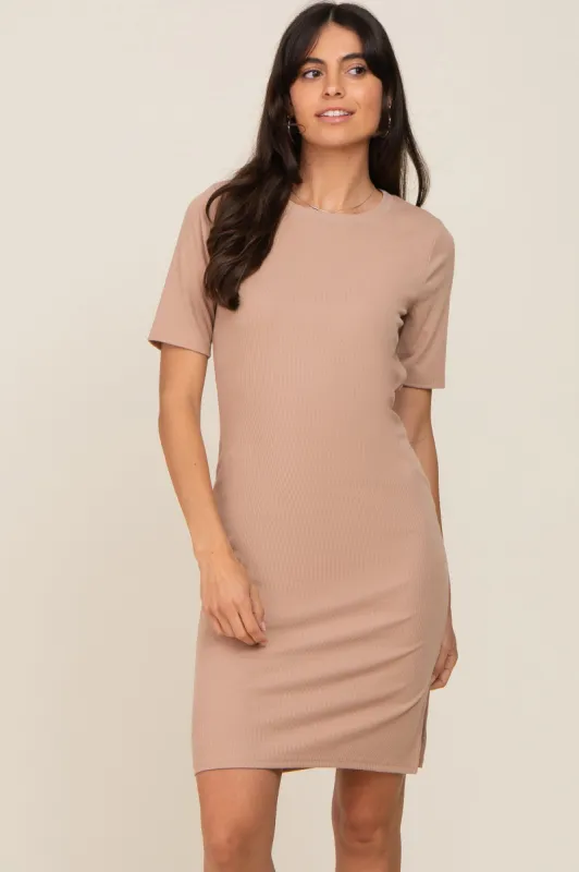 Taupe Ribbed Basic Short Sleeve Dress sold by Pinkblush