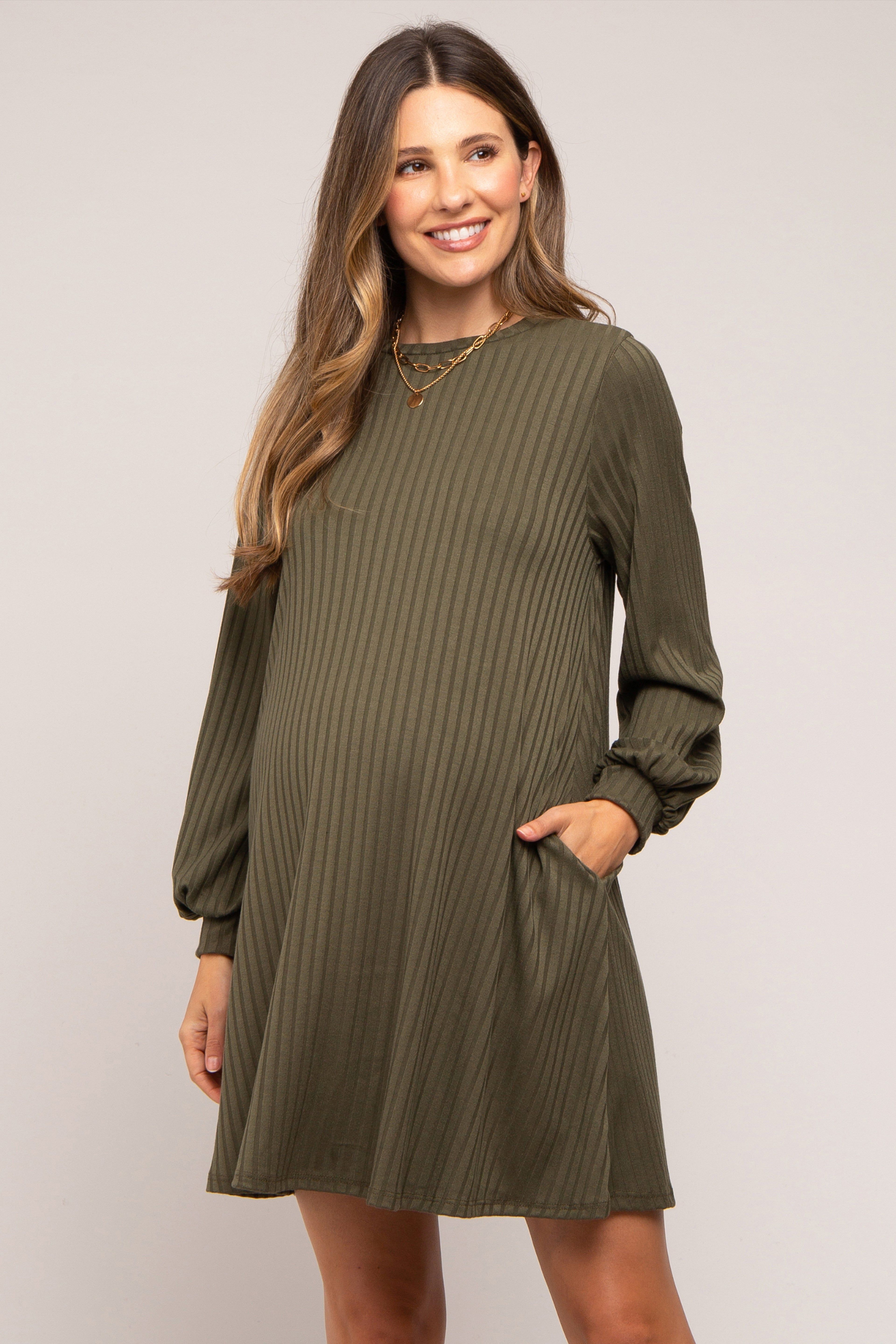 Olive Ribbed Mock Neck Long Sleeve Maternity Dress sold by Pinkblush