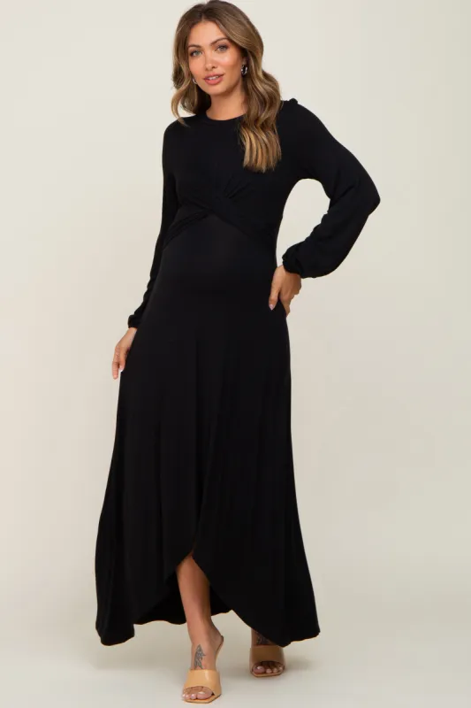 Black Twisted Long Sleeve Hi-Low Hem Maternity Maxi Dress sold by Pinkblush