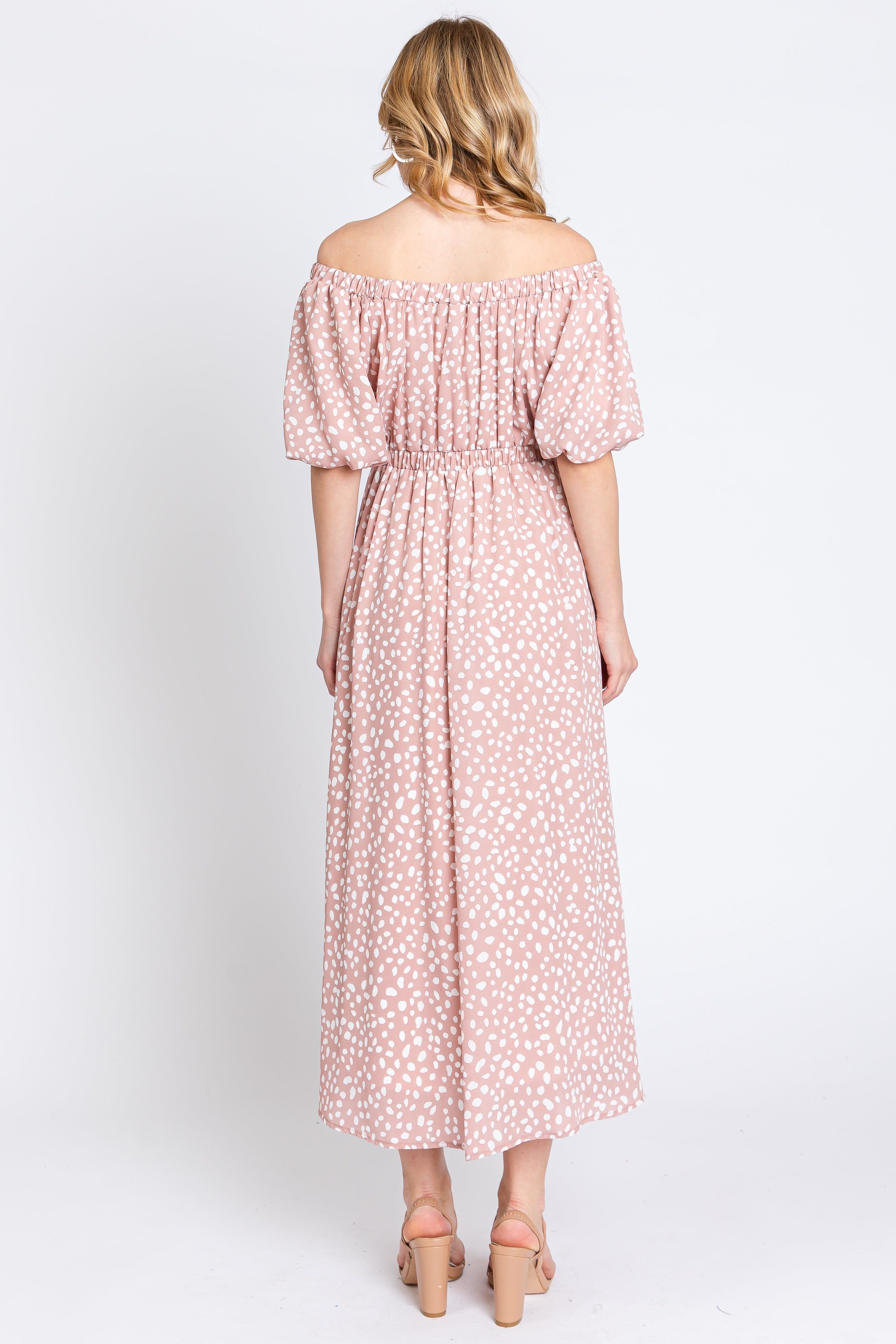 Mauve Printed Puff Short Sleeve Midi Dress sold by Pinkblush product image thumbnail 3