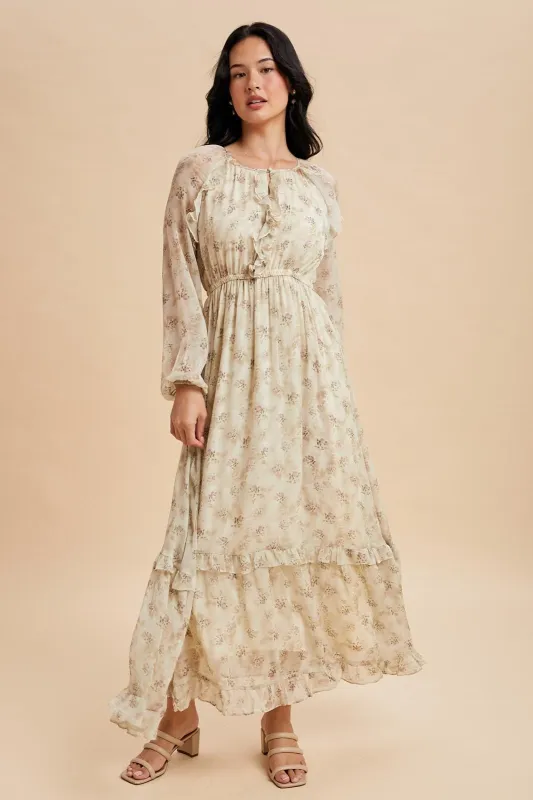 Cream Floral Chiffon Ruffle Detail Maxi Dress sold by Pinkblush