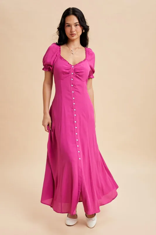 Fuchsia Button Down Ruffle Trim Maxi Dress sold by Pinkblush