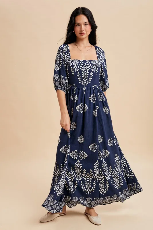Navy Damask Print Short Sleeve Maxi Dress sold by Pinkblush