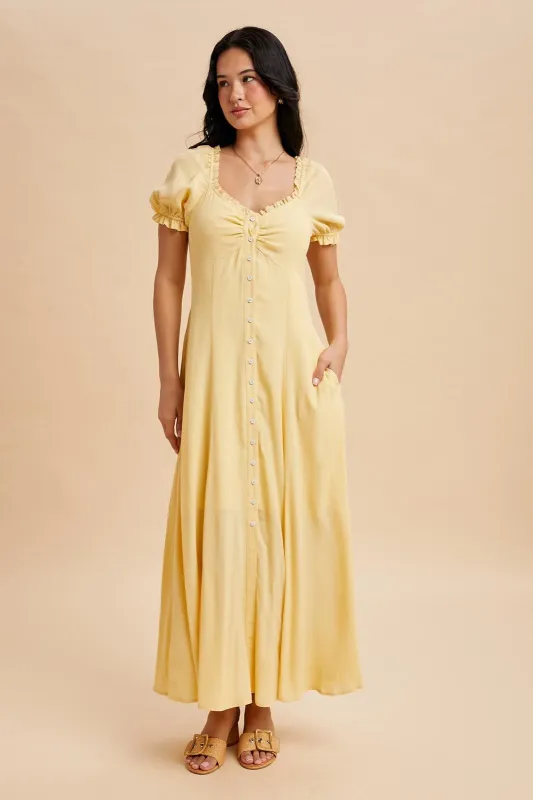 Lemon Button Down Ruffle Trim Maxi Dress sold by Pinkblush
