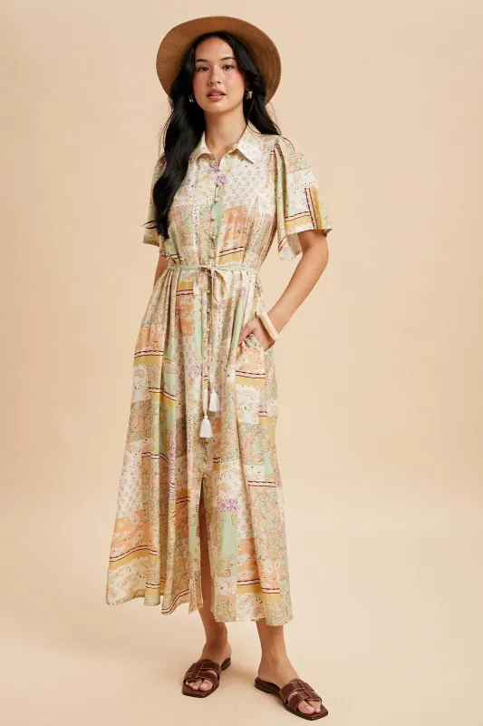 Multicolor Patchwork Print Button Down Maxi Dress sold by Pinkblush