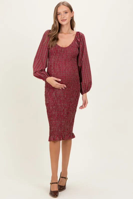 Burgundy Plaid Long Sleeve Bodycon Maternity Midi Dress sold by Pinkblush