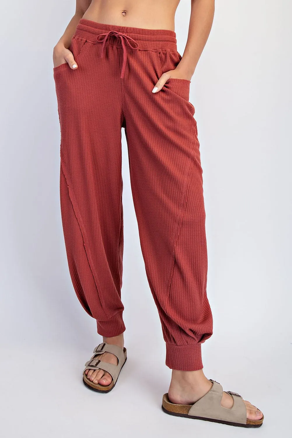 Brick Waffle Knit Raw Seam Joggers sold by Pinkblush