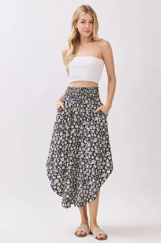Black Floral Tulip Hem Midi Skirt sold by Pinkblush