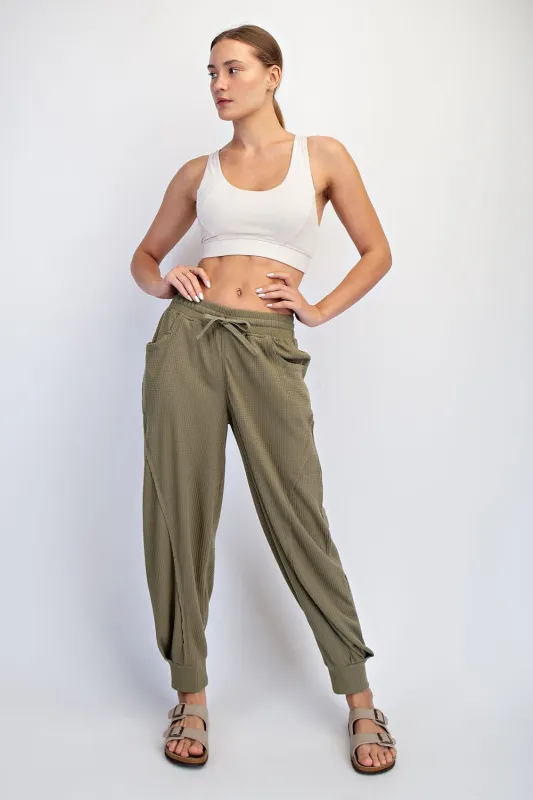 Olive Waffle Knit Raw Seam Joggers sold by Pinkblush