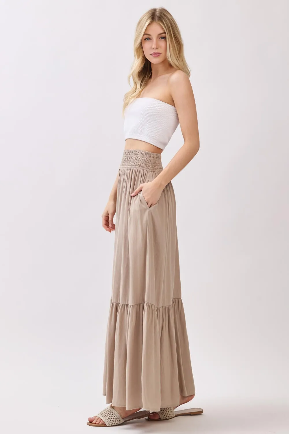 Sand Smocked Waist Button Detail Maxi Skirt sold by Pinkblush product image thumbnail 2