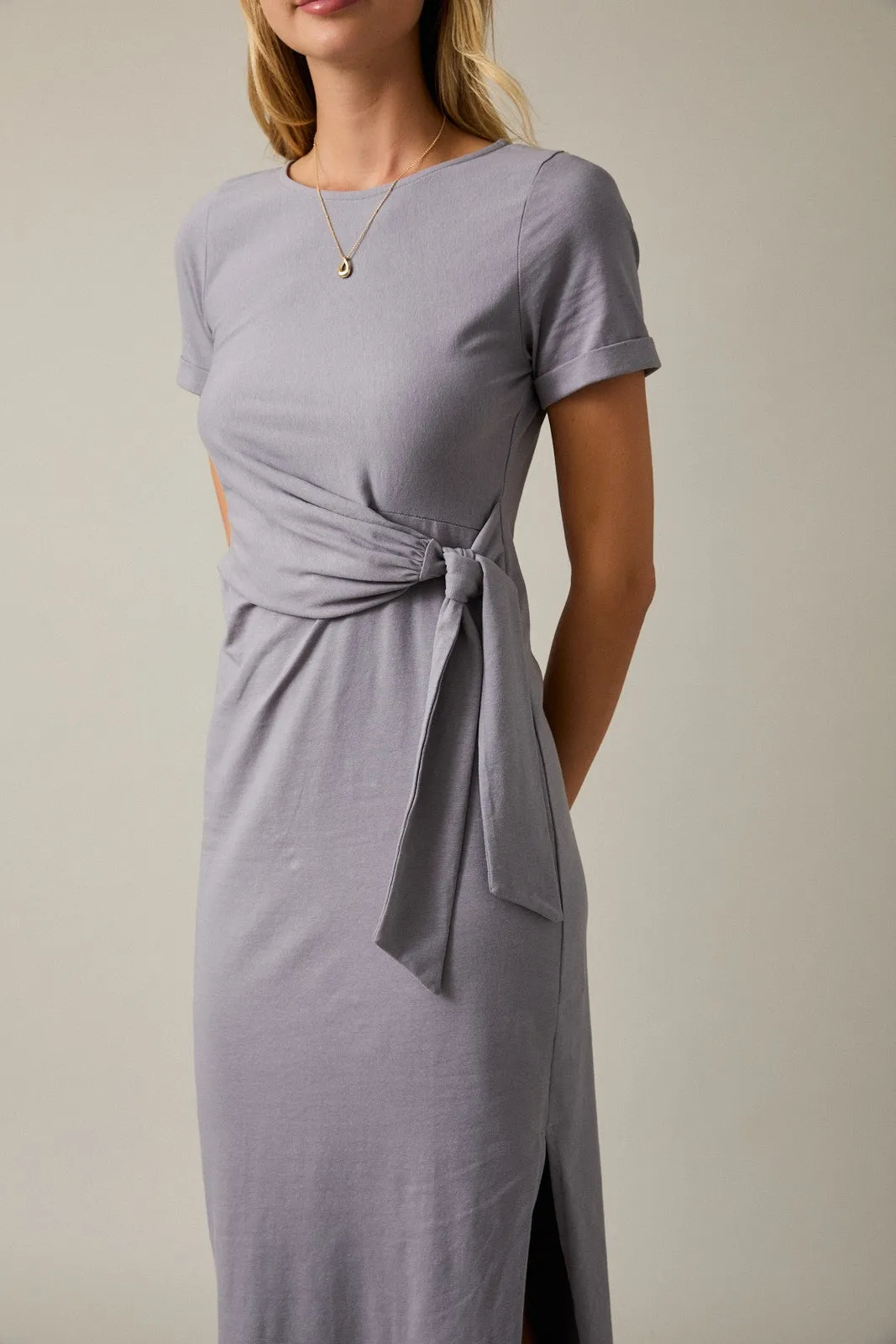 Grey Short Sleeve Waist Tie Side Slit Maxi Dress sold by Pinkblush product image thumbnail 5