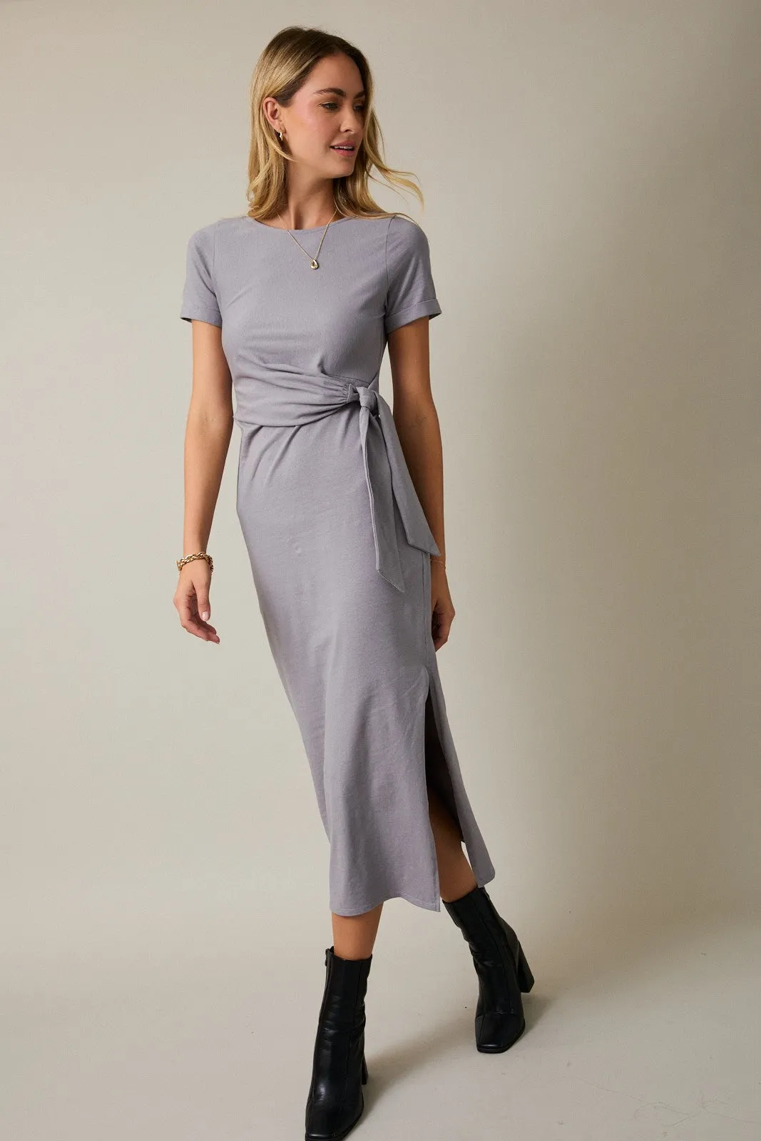 Grey Short Sleeve Waist Tie Side Slit Maxi Dress sold by Pinkblush product image thumbnail 2