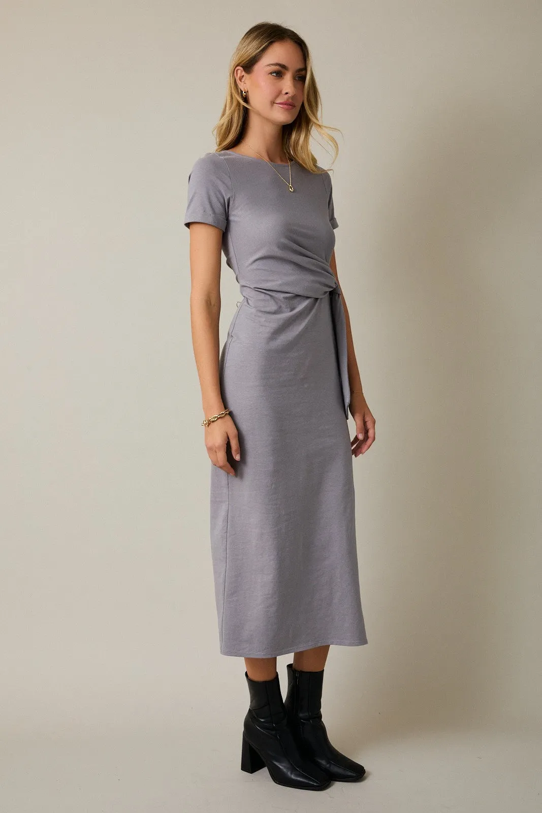 Grey Short Sleeve Waist Tie Side Slit Maxi Dress sold by Pinkblush product image thumbnail 3