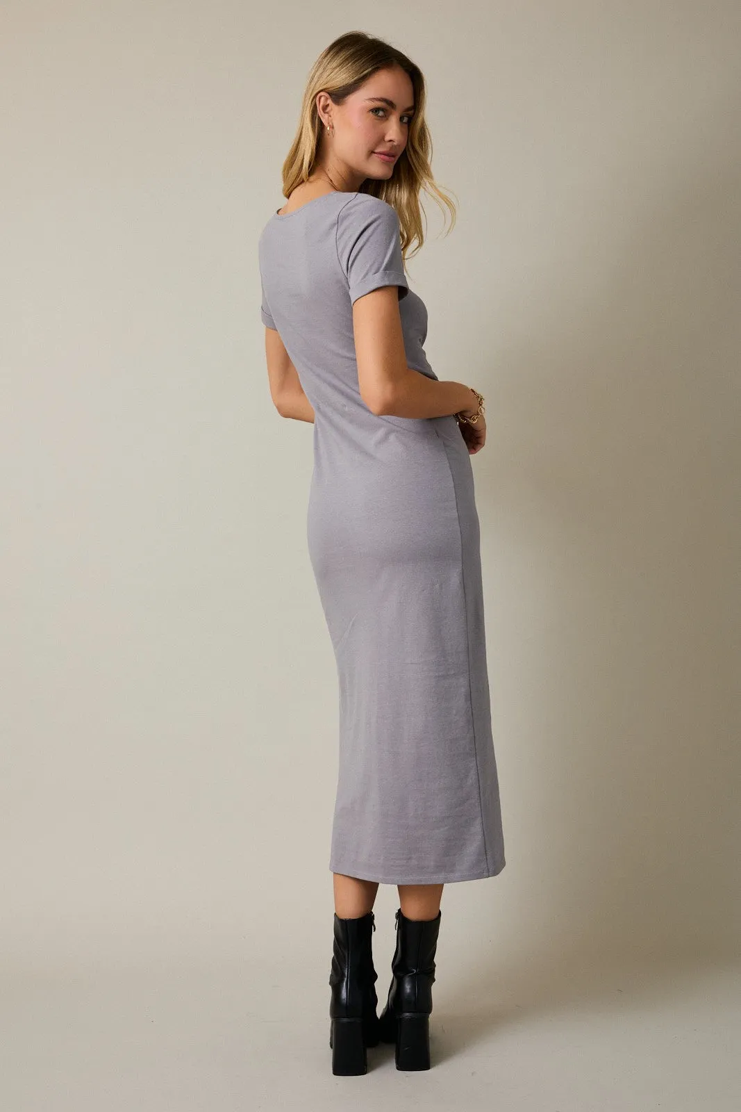 Grey Short Sleeve Waist Tie Side Slit Maxi Dress sold by Pinkblush product image thumbnail 4