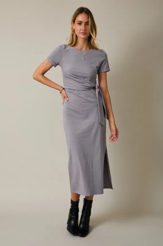 Grey Short Sleeve Waist Tie Side Slit Maxi Dress sold by Pinkblush