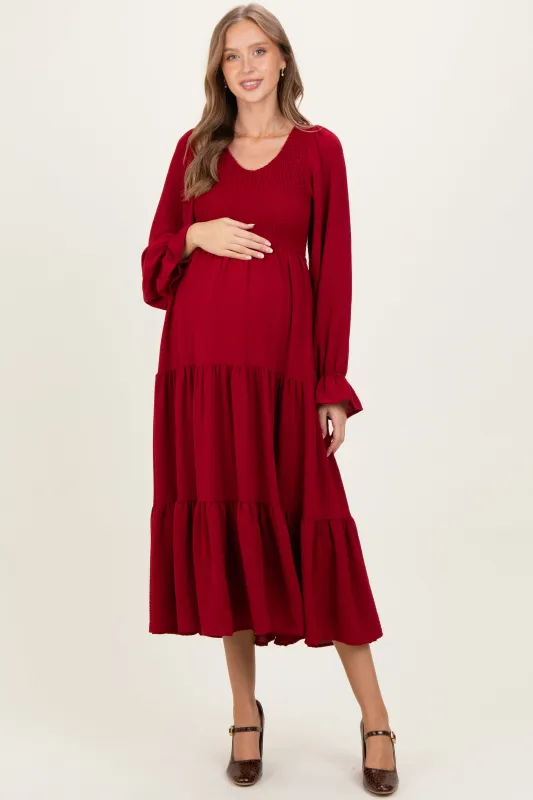 Burgundy Smocked Tiered Long Sleeve Maternity Maxi Dress sold by Pinkblush