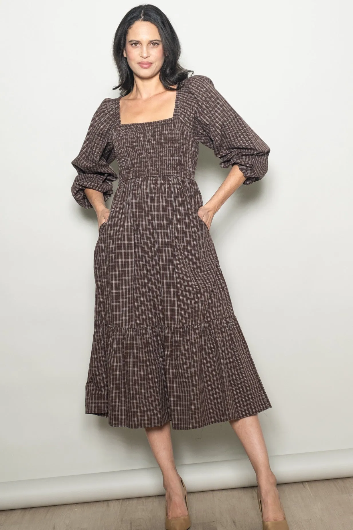 Brown Plaid Smocked Puff Sleeve Maternity Midi Dress sold by Pinkblush product image thumbnail 4
