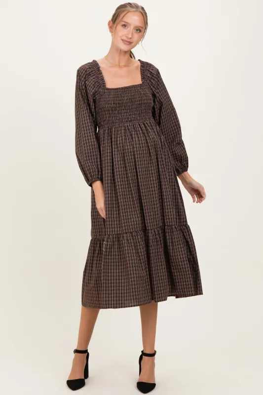Brown Plaid Smocked Puff Sleeve Maternity Midi Dress sold by Pinkblush