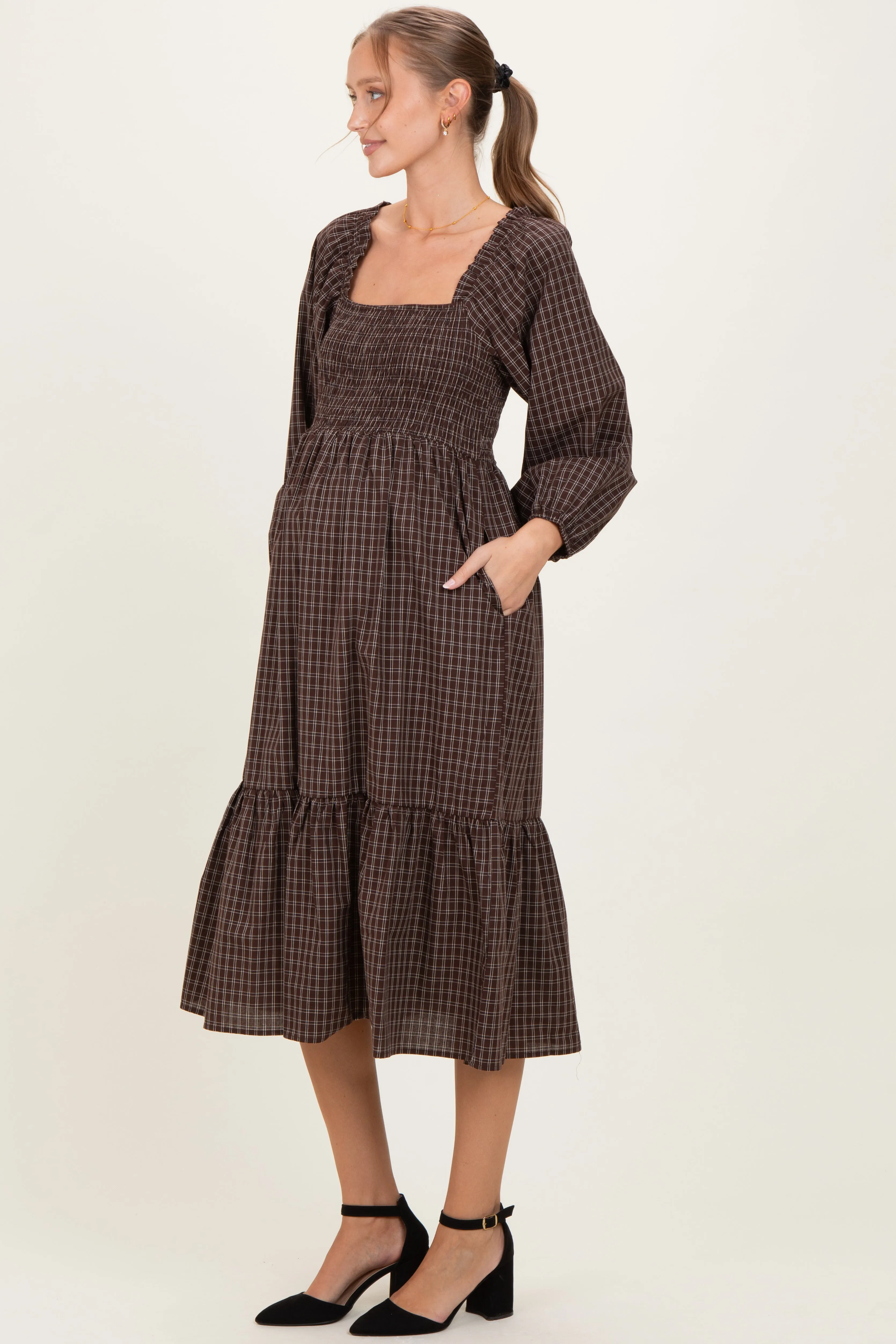 Brown Plaid Smocked Puff Sleeve Maternity Midi Dress sold by Pinkblush product image thumbnail 2