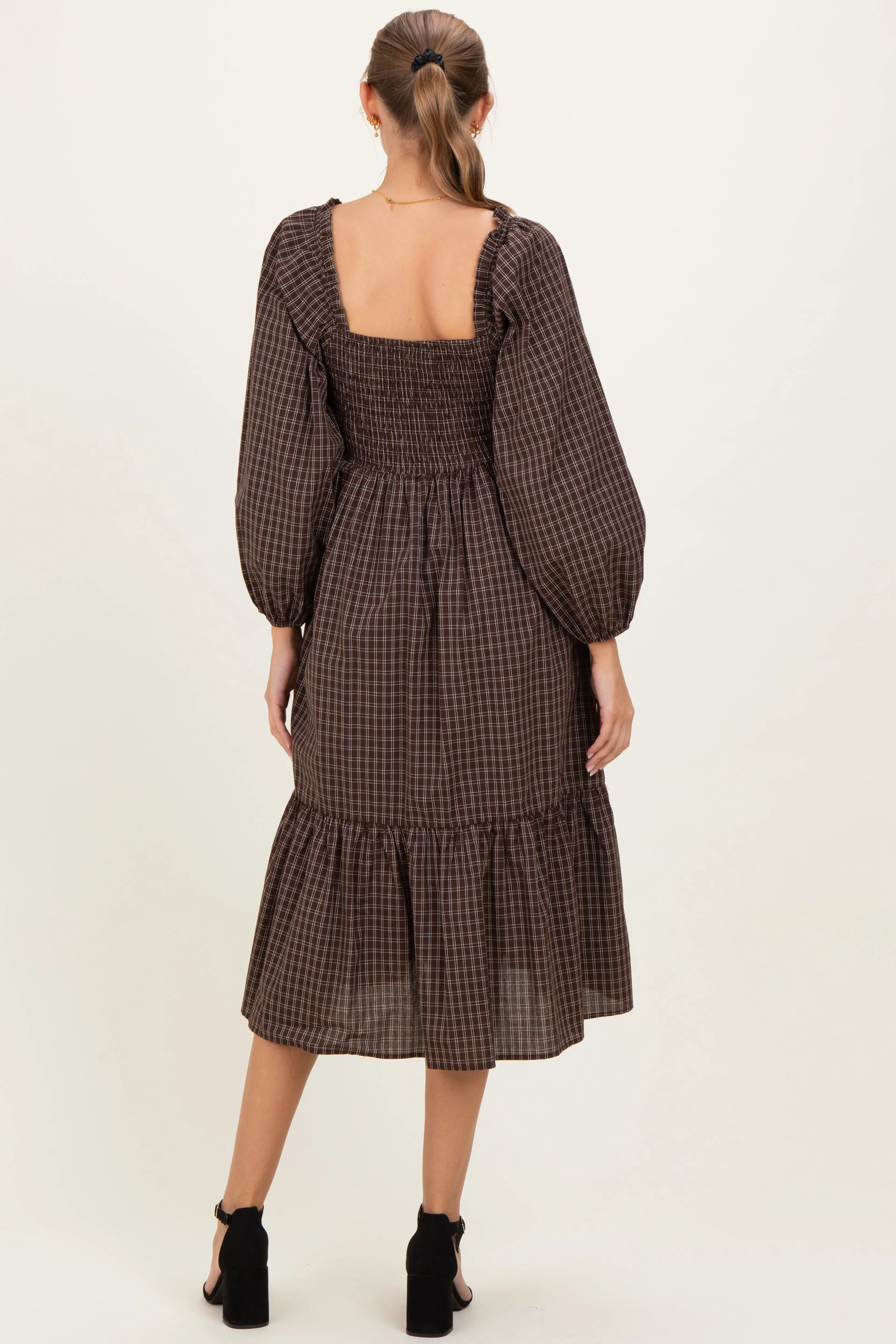 Brown Plaid Smocked Puff Sleeve Maternity Midi Dress sold by Pinkblush product image thumbnail 3