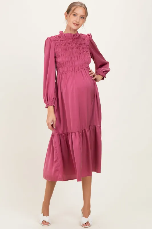 Mauve Mock Neck Satin Smocked Chest Maternity Dress sold by Pinkblush