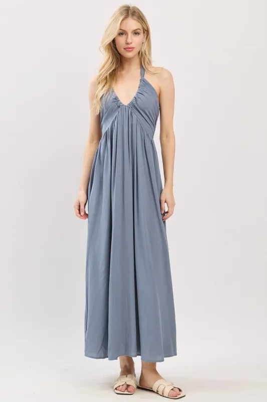 Dusty Blue Halter Neck Side Slit Midi Dress sold by Pinkblush