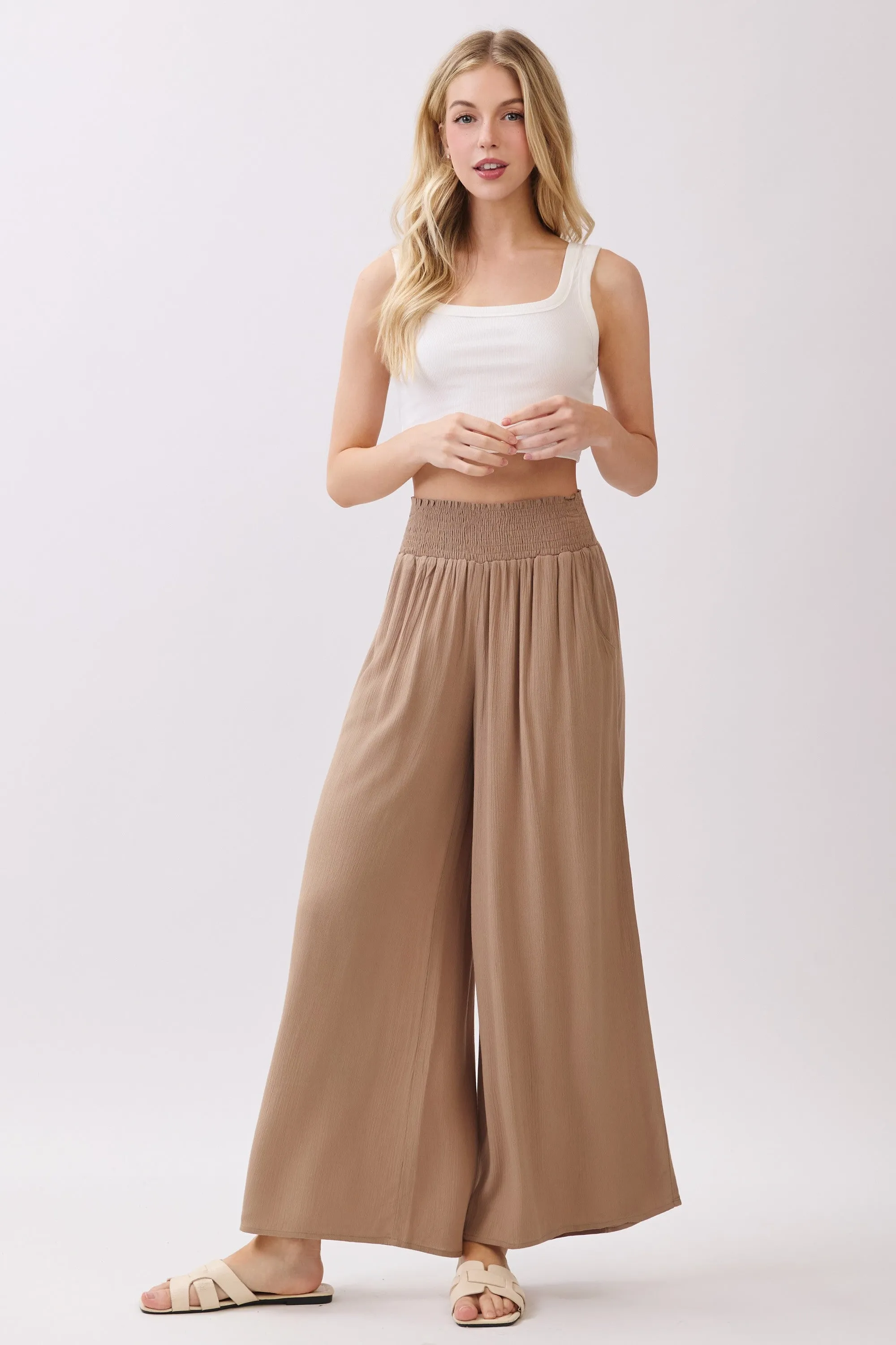 Camel Smocked Waist Ankle Wide Leg Pants sold by Pinkblush