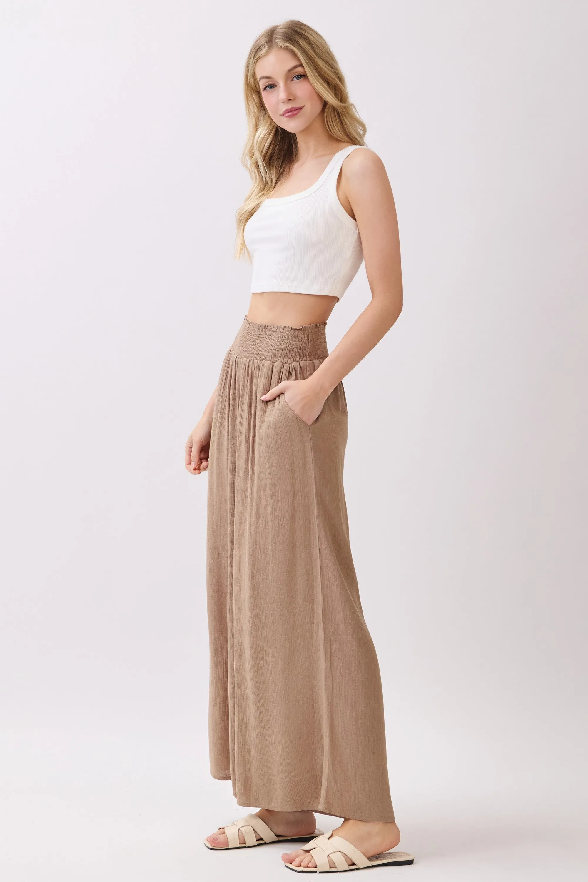 Camel Smocked Waist Ankle Wide Leg Pants sold by Pinkblush product image thumbnail 2