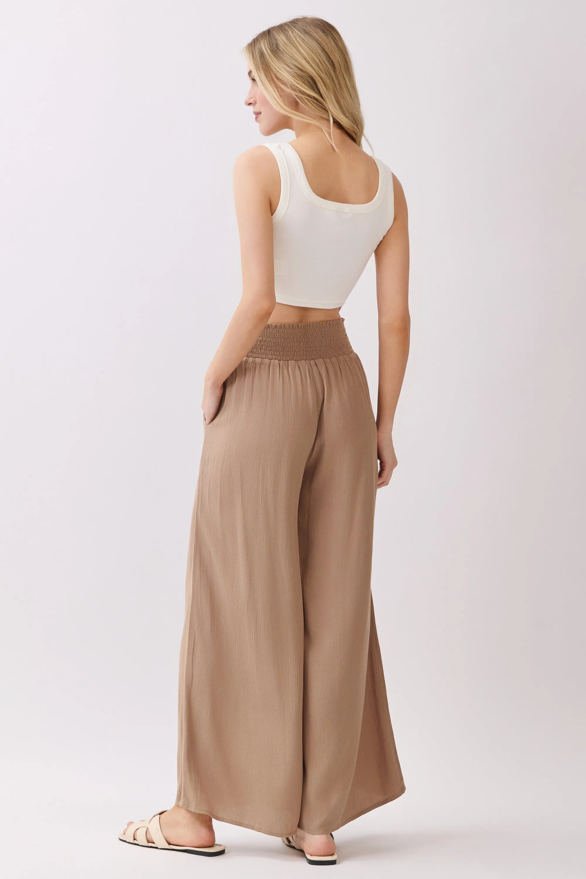Camel Smocked Waist Ankle Wide Leg Pants sold by Pinkblush product image thumbnail 3