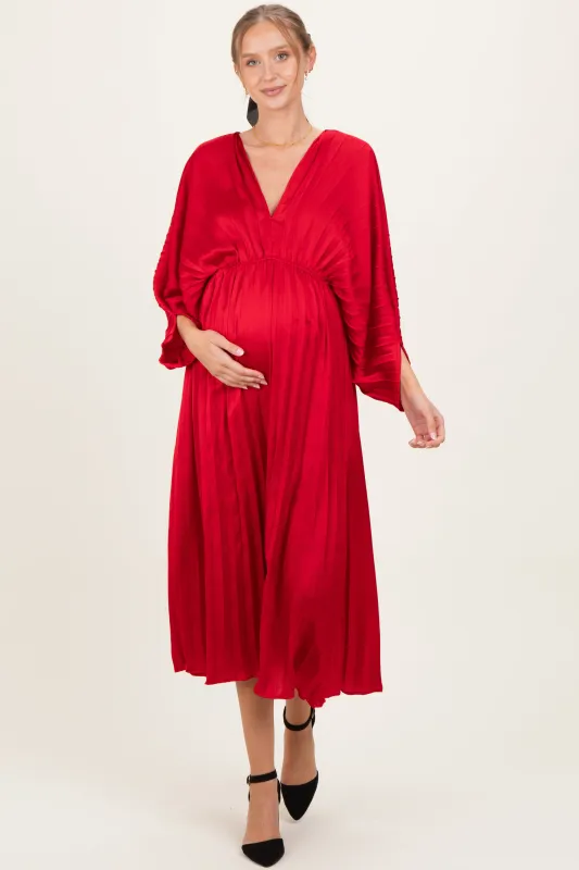 Red Satin Pleated V-Neck Maternity Maxi Dress sold by Pinkblush