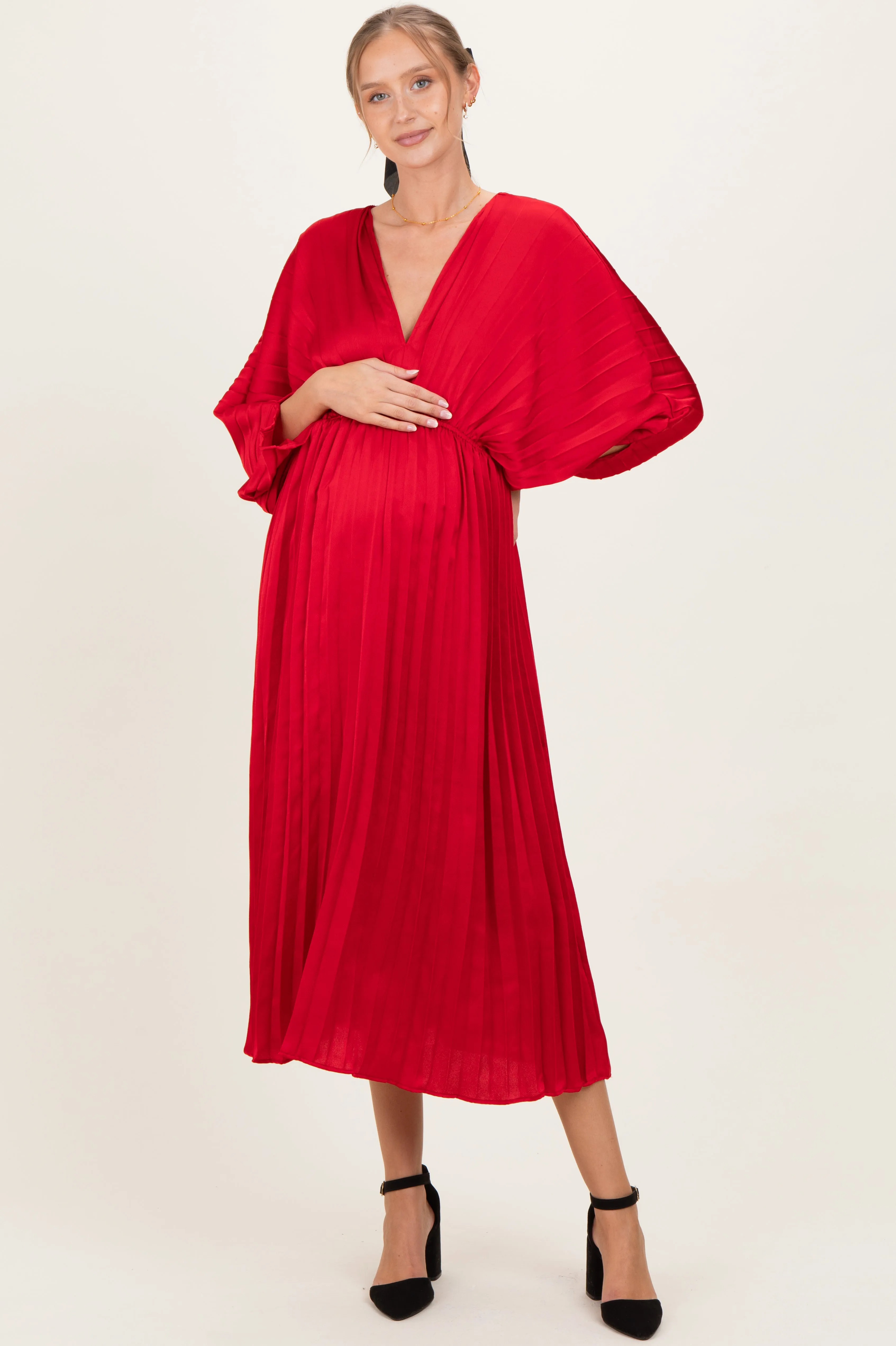 Red Satin Pleated V-Neck Maternity Maxi Dress sold by Pinkblush product image thumbnail 2