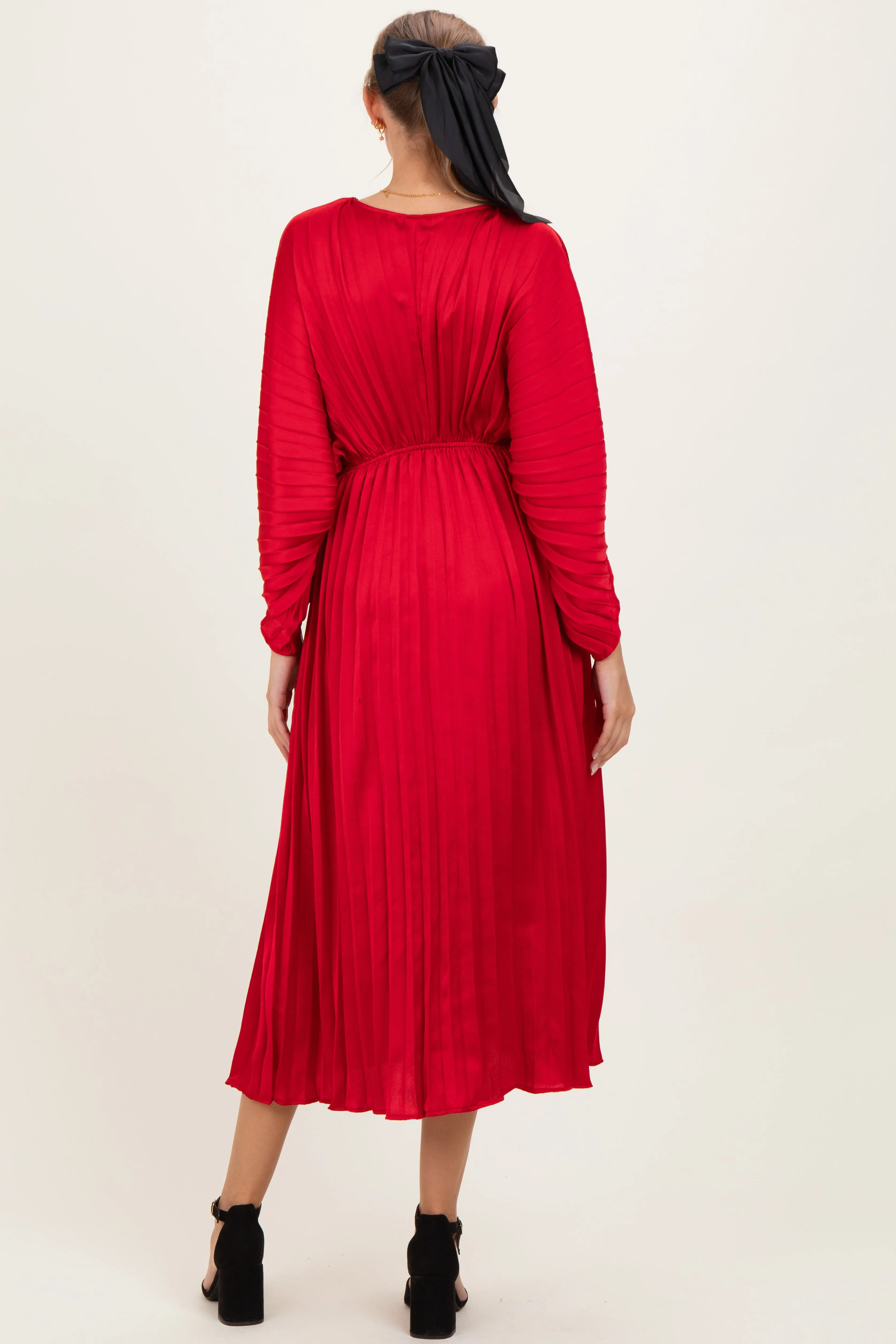 Red Satin Pleated V-Neck Maternity Maxi Dress sold by Pinkblush product image thumbnail 3