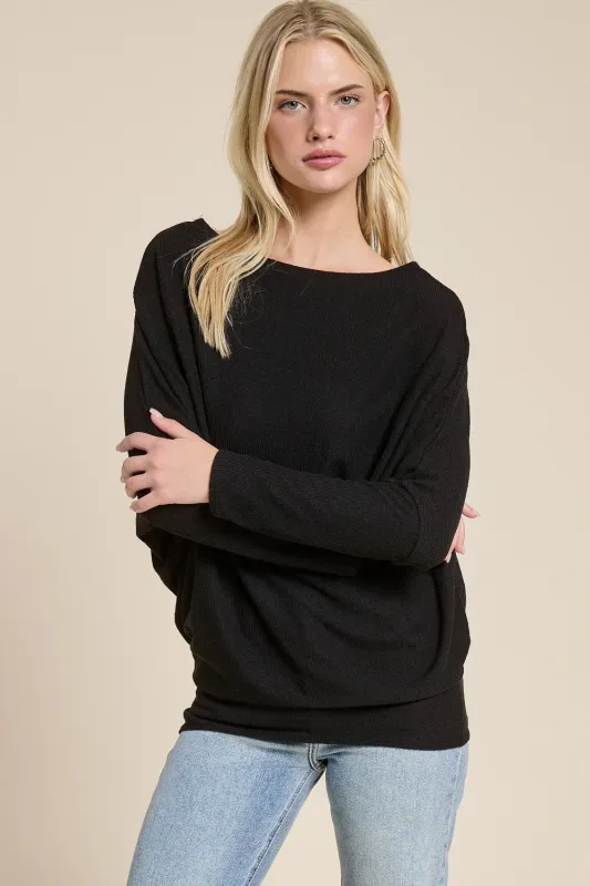 Black Ribbed Dolman Top sold by Pinkblush