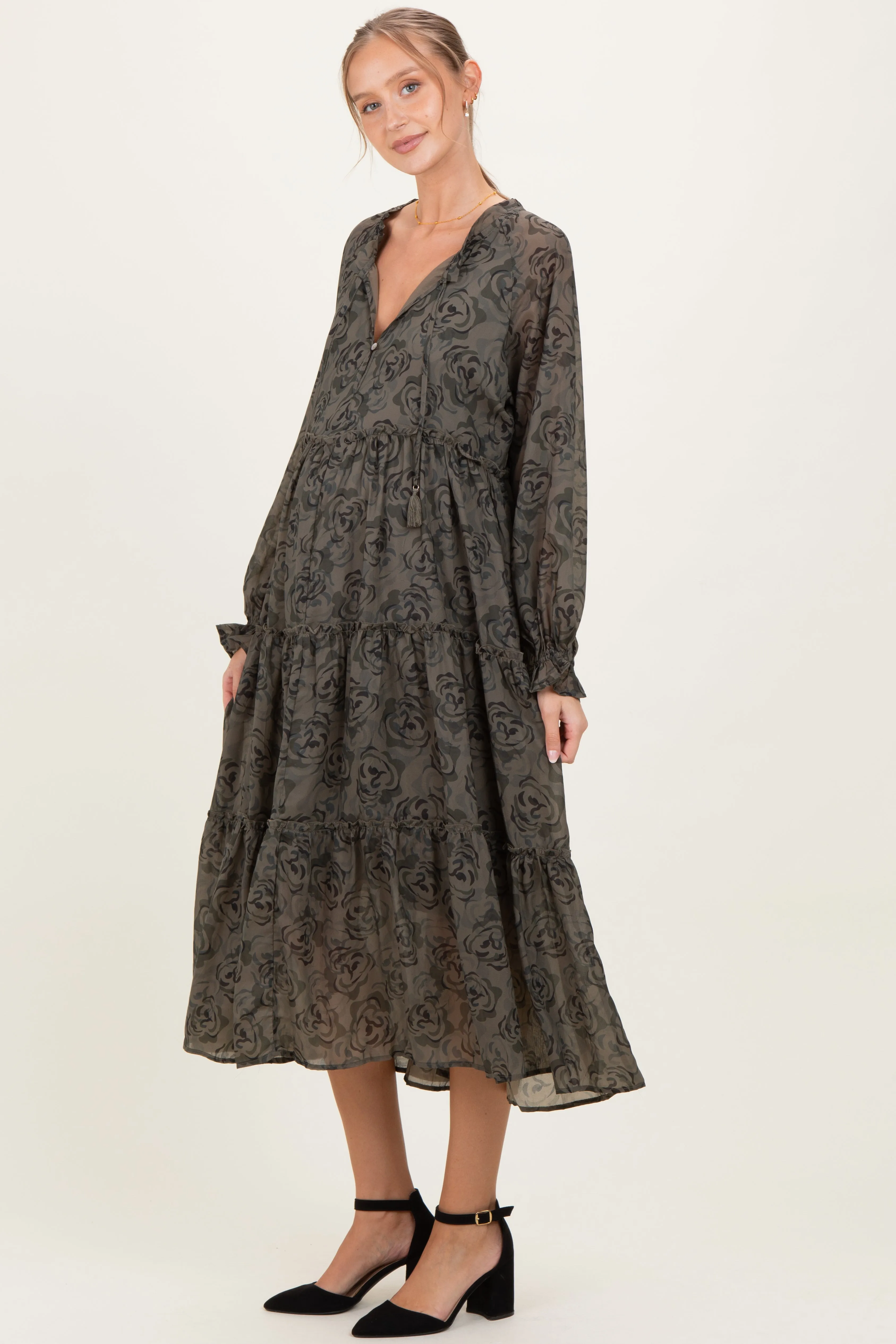 Olive Rose Floral Tiered Ruffle Maternity Midi Dress sold by Pinkblush product image thumbnail 3