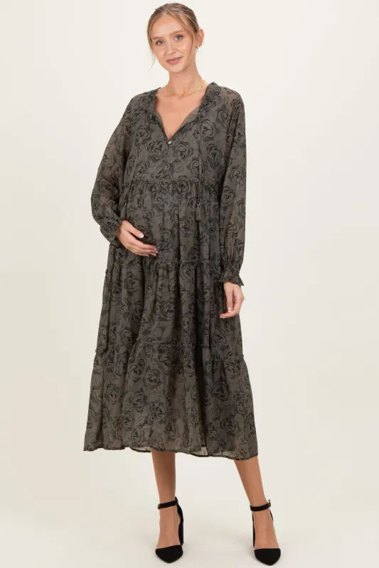 Olive Rose Floral Tiered Ruffle Maternity Midi Dress sold by Pinkblush