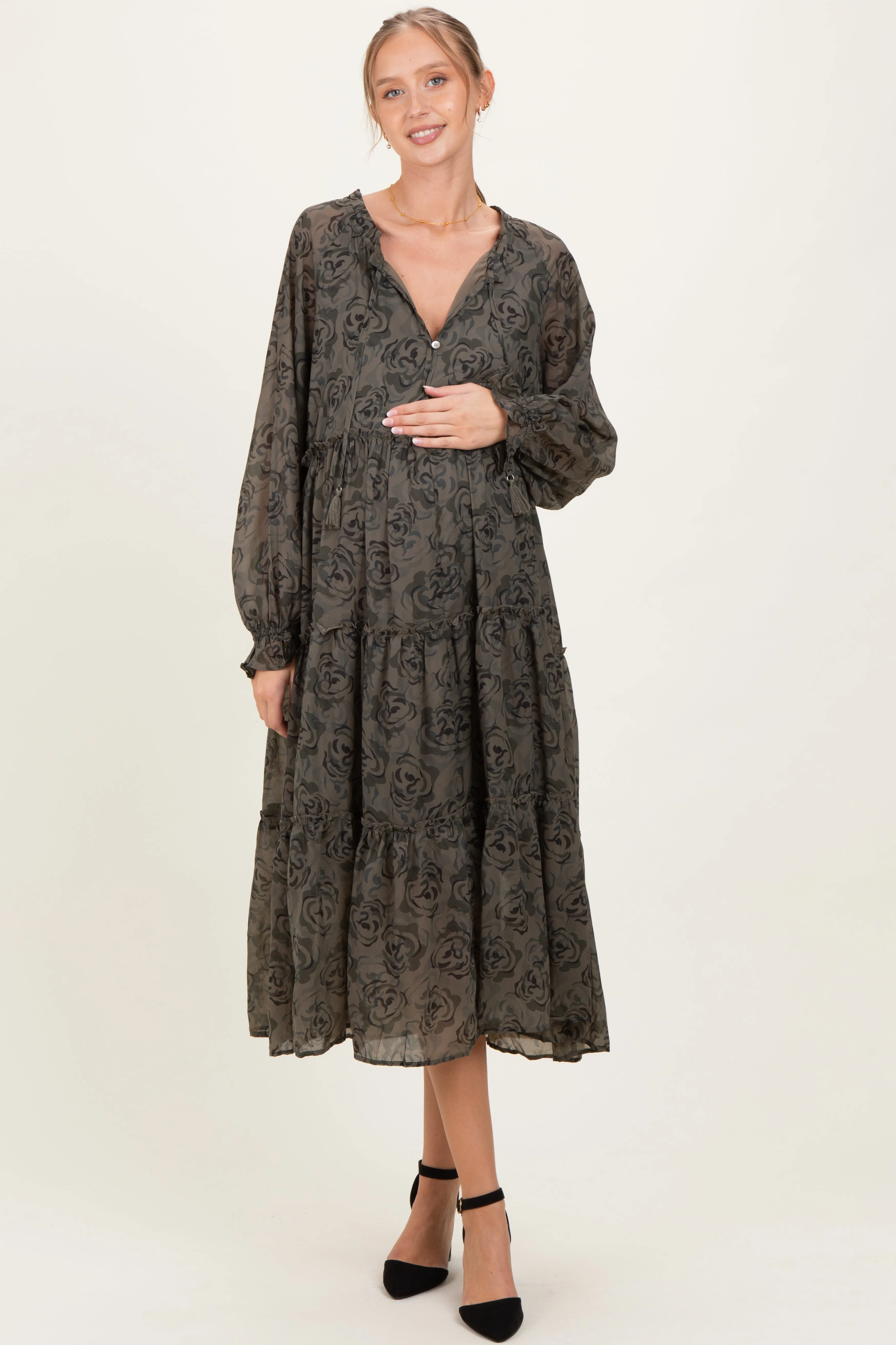 Olive Rose Floral Tiered Ruffle Maternity Midi Dress sold by Pinkblush product image thumbnail 2