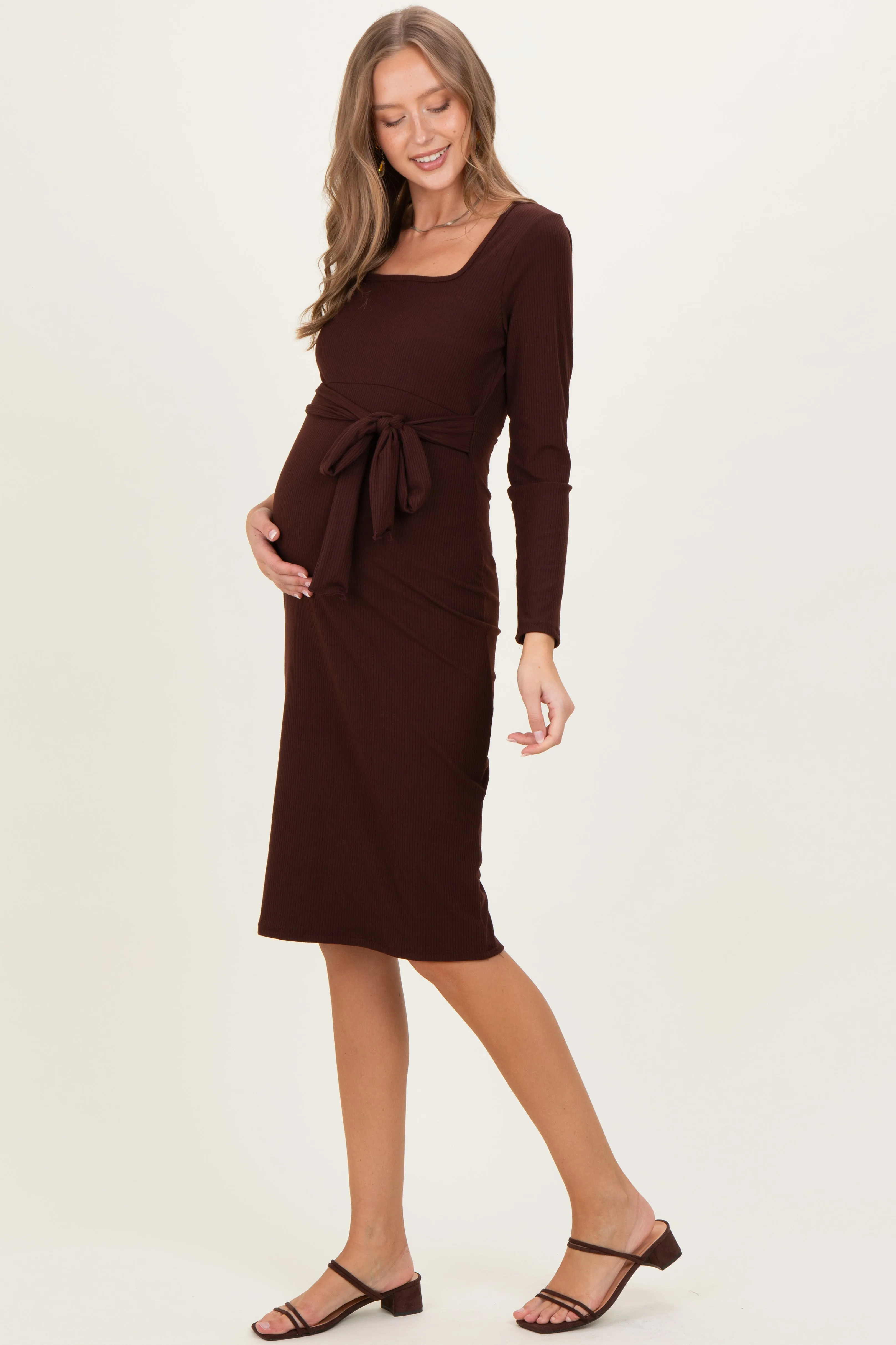 Brown Ribbed Long Sleeve Square Neck Tie Belt Maternity Midi Dress sold by Pinkblush product image thumbnail 3