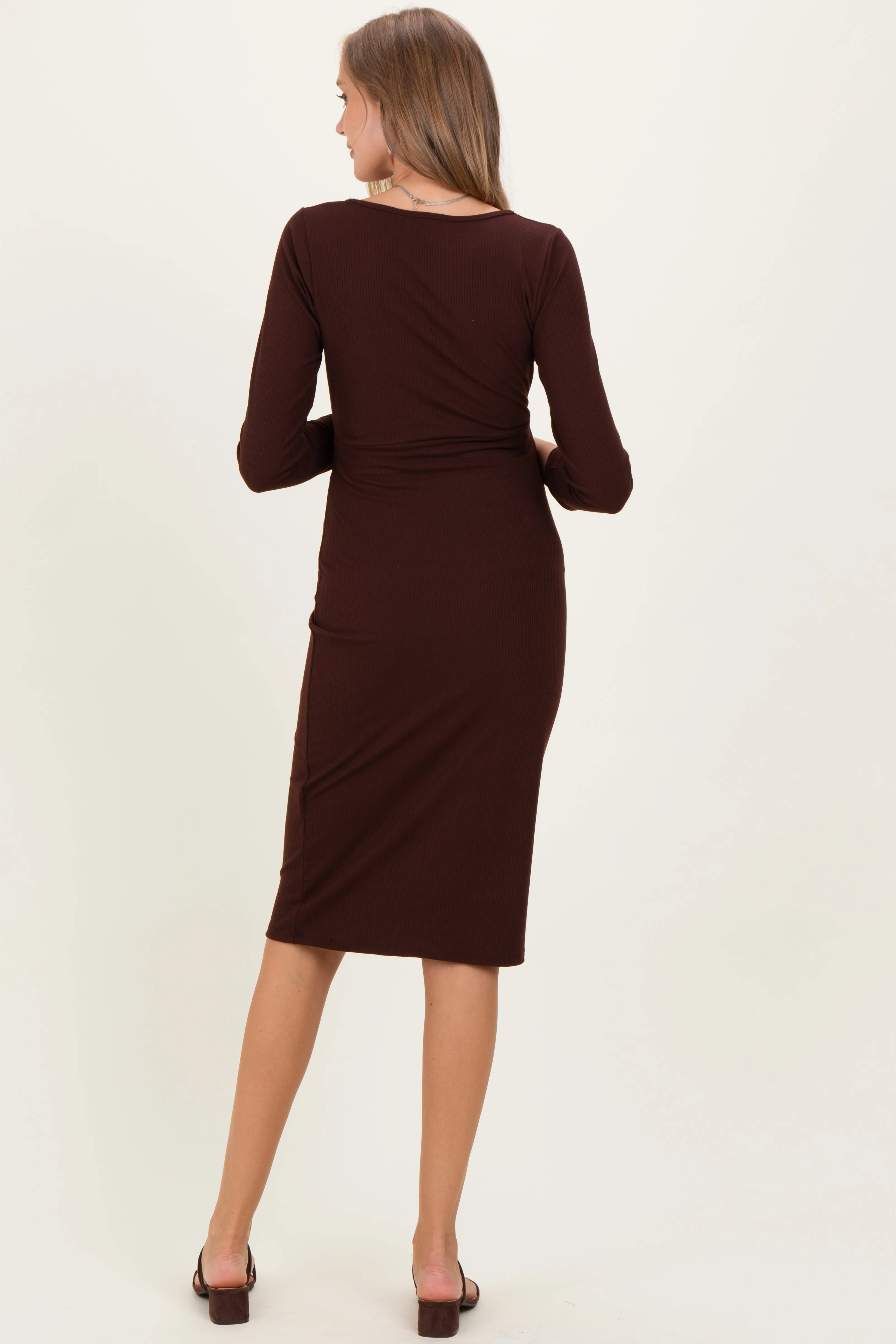 Brown Ribbed Long Sleeve Square Neck Tie Belt Maternity Midi Dress sold by Pinkblush product image thumbnail 4