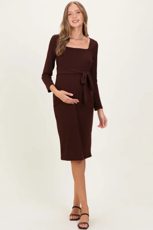Brown Ribbed Long Sleeve Square Neck Tie Belt Maternity Midi Dress sold by Pinkblush
