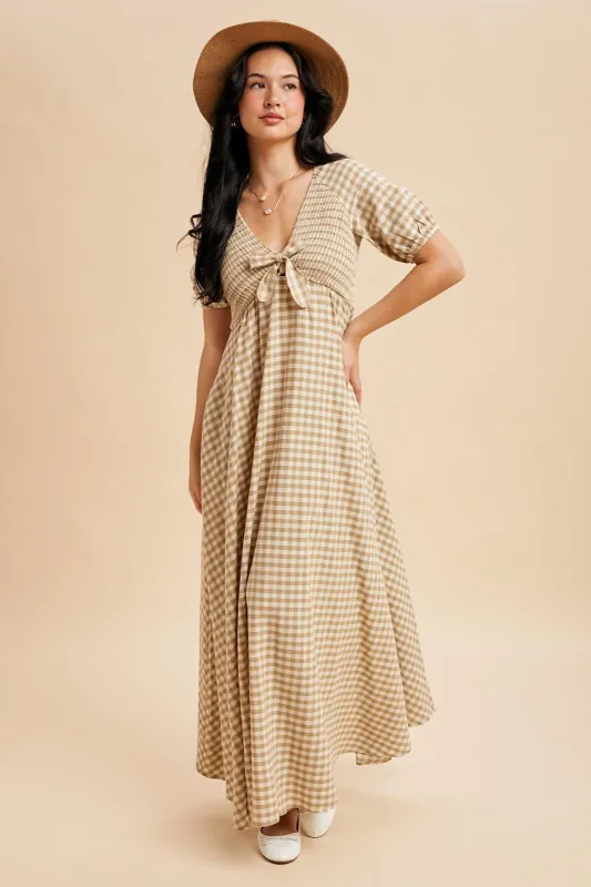 Beige Smocked Gingham Maxi Dress sold by Pinkblush