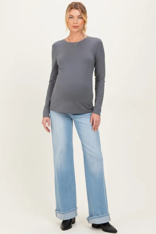 Light Blue Cuffed Wide Leg Maternity Jeans made by Risen