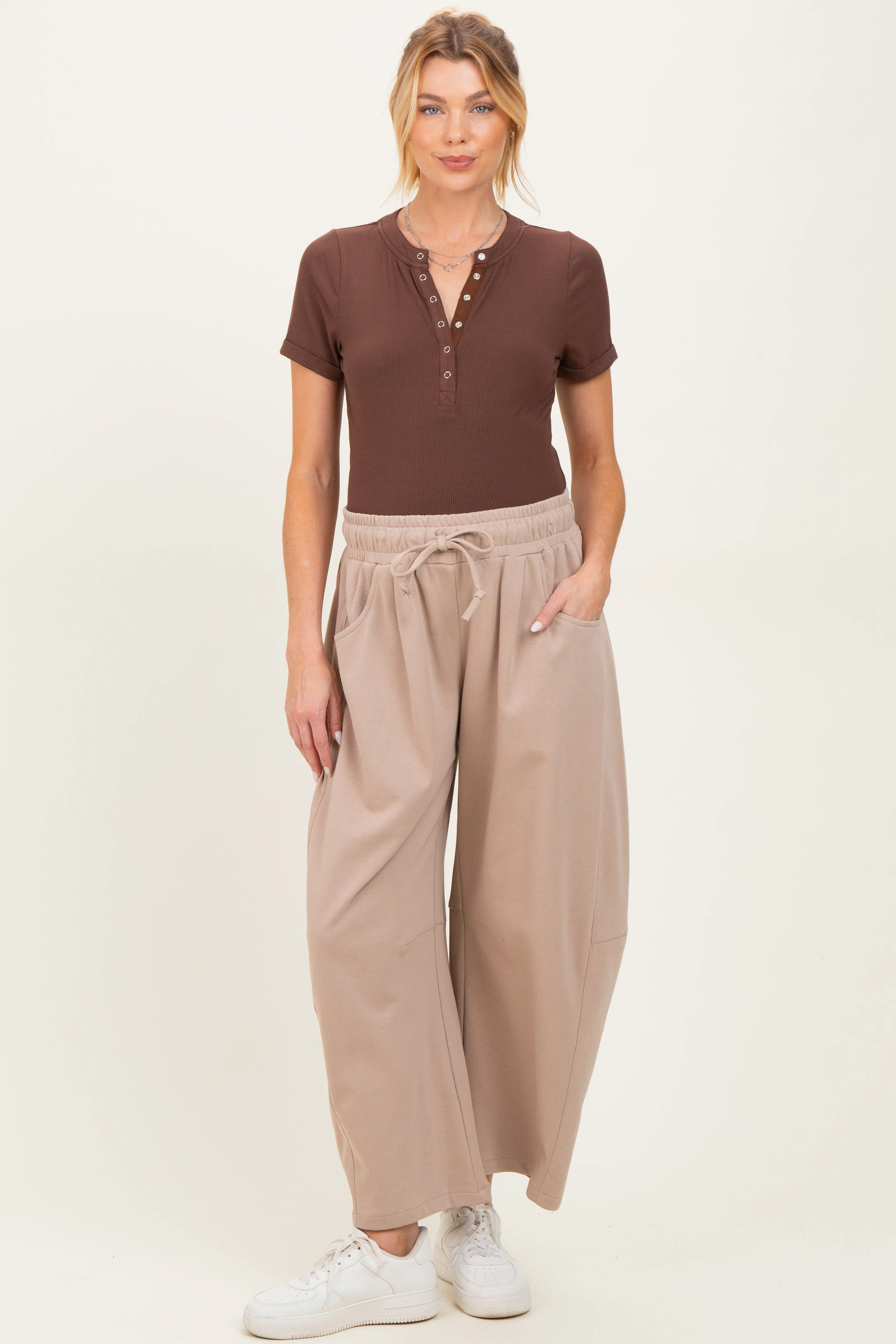 Taupe Barrel Leg Terry Maternity Sweatpants sold by Pinkblush product image thumbnail 2