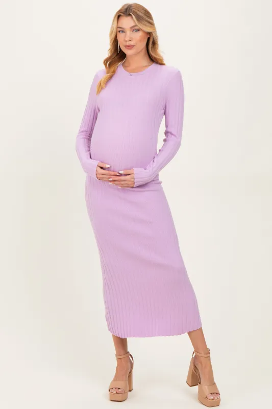 Lilac Ribbed Knit Fitted Maternity Midi Sweater Dress sold by Pinkblush