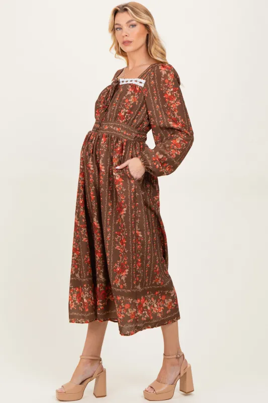 Brown Floral Stripe Button Down Long Sleeve Maternity Midi Dress sold by Pinkblush